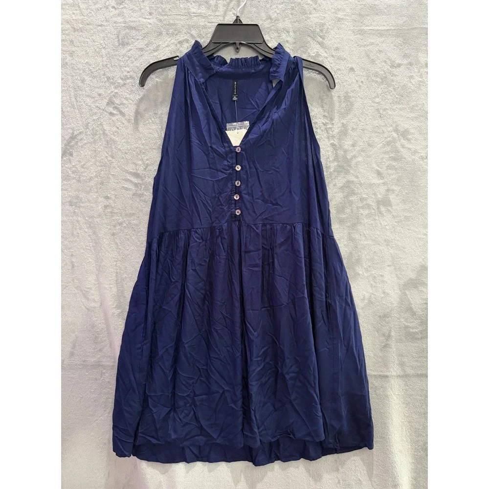 NWT Raviya Cover Up Dress Womens Navy Ruffle Neck Sleeveless Pockets Small $48